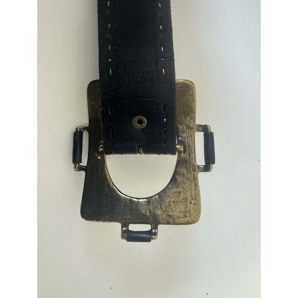 Vintage Black Leather Wide Belt Brass Tone Statement Buckle Boho Western Style